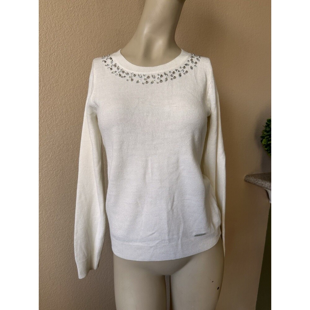U.S. POLO ASSN. Sweater Jewel Neckline Embellish White Long Sleeve Women's Small